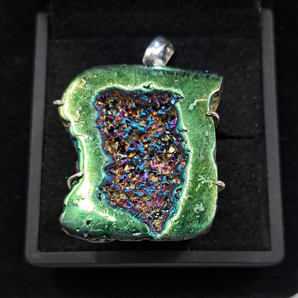 925 Silver Plated Sparkling Titanium Druzy Ethnic Pendant, 2"
